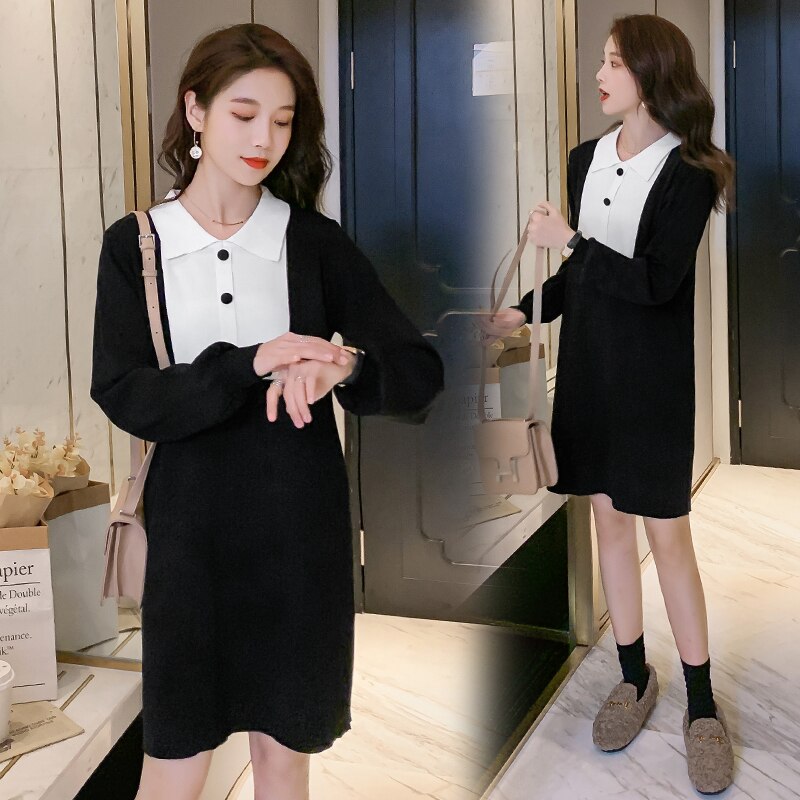 Suéter de lactancia para mujeres embarazadas, ropa de lactancia de manga larga con cuello vuelto, retales en blanco y negro, vestido de lactancia