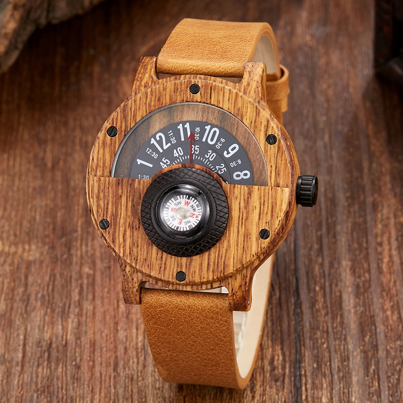 Mode Houten Horloge Mannen Vrouwen Unieke Kompas Half Wijzerplaat Natuurlijke Houten Quartz Horloge Luxe Houten Horloge Mannelijke