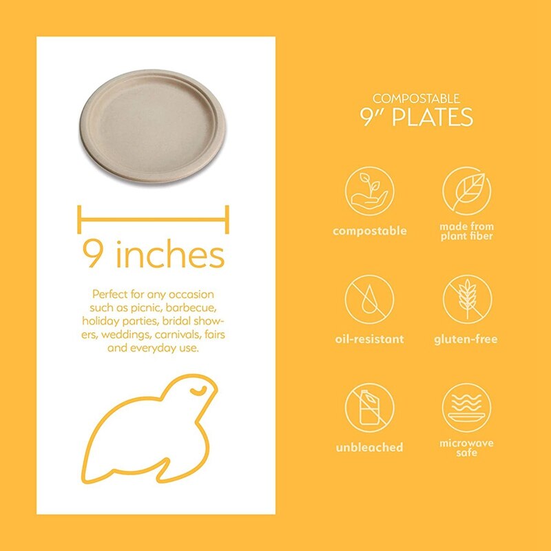 100% Compostable Disposable Paper Plates Bulk 9 Inch 50 Pack, Bamboo Plates, Eco Friendly, Biodegradable