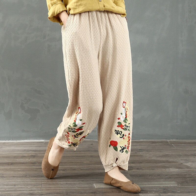 Pantalones étnicos de algodón para mujer, pantalón chino con bordado de flores, estilo Hippie, tobillero, para otoño y primavera,