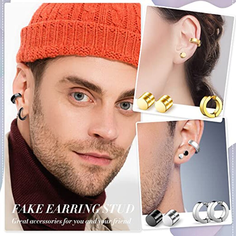 12 Pairs Stainless Steel Non Pierced Magnetic Earrings for Men Women CZ Clip on Dangle Earrings Set Hip Hop Rock Punk Retro