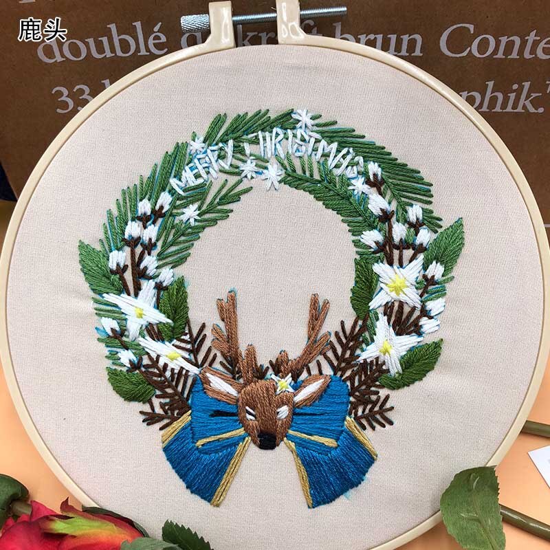 Embroidery Kits Holding Flowers Embroidery Shed Sewing Kit Xmas Wreath Style With Embroidery Hoop Beginner Hand-stitched Decor: 4