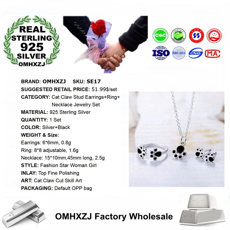 OMHXZJ Persoonlijkheid Mode OL Vrouw Zwarte Kat Klauw 925 Sterling Zilveren Stud Oorbellen + Ring + Ketting Sieraden Set SE17