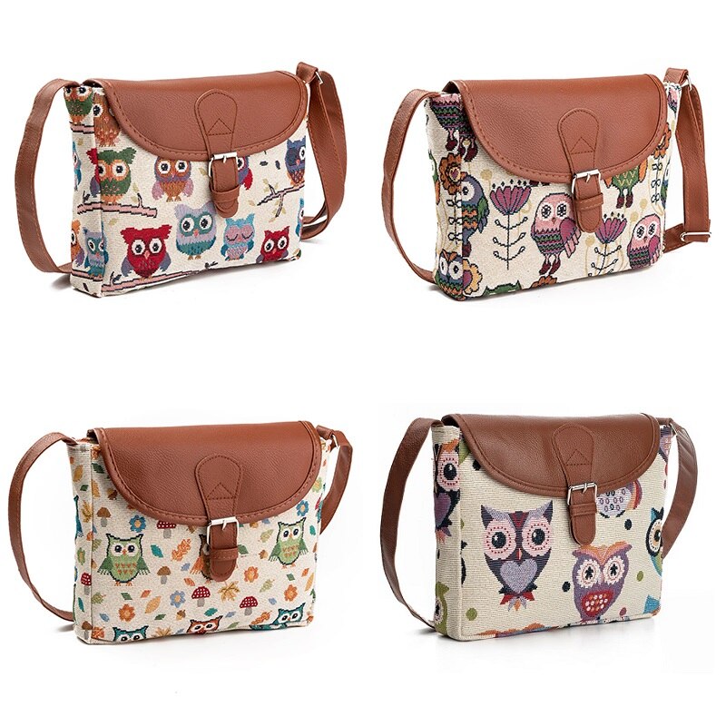 Miyahouse-Bolso con estampado de búho para mujer, bandolera con solapa de lona, bolsos de hombro tipo bandolera de dibujos animados, pequeños