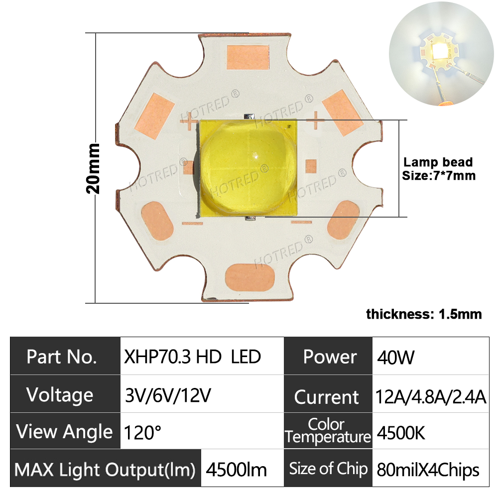 DC3V/6V/12V XHP70 LED High Power 7070 XHP70.2 Chip Ceramic Bracket Bead 20W 40W XHP70.2 XHP50.2 Latarka czołowa Szperacz: 3.0-3.4 V / ciepły biały / 38 W