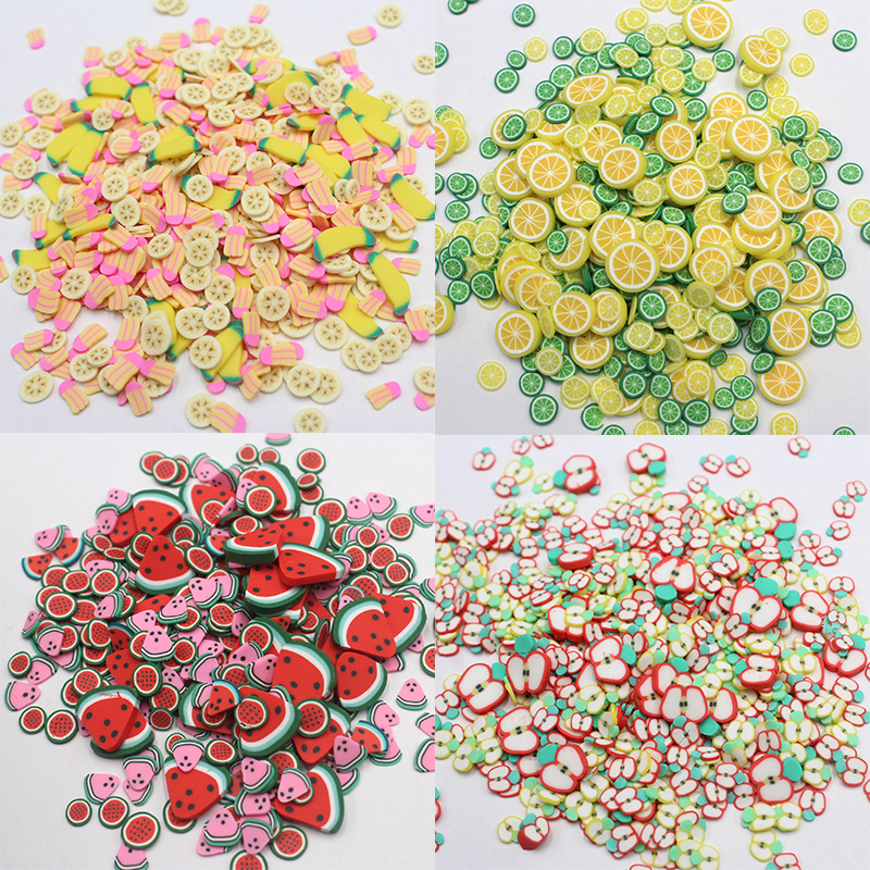 100g/ lot multifrukter lera skivor mjuk keramik äpple citron strössel för pyssel hantverk fyllning tillbehör
