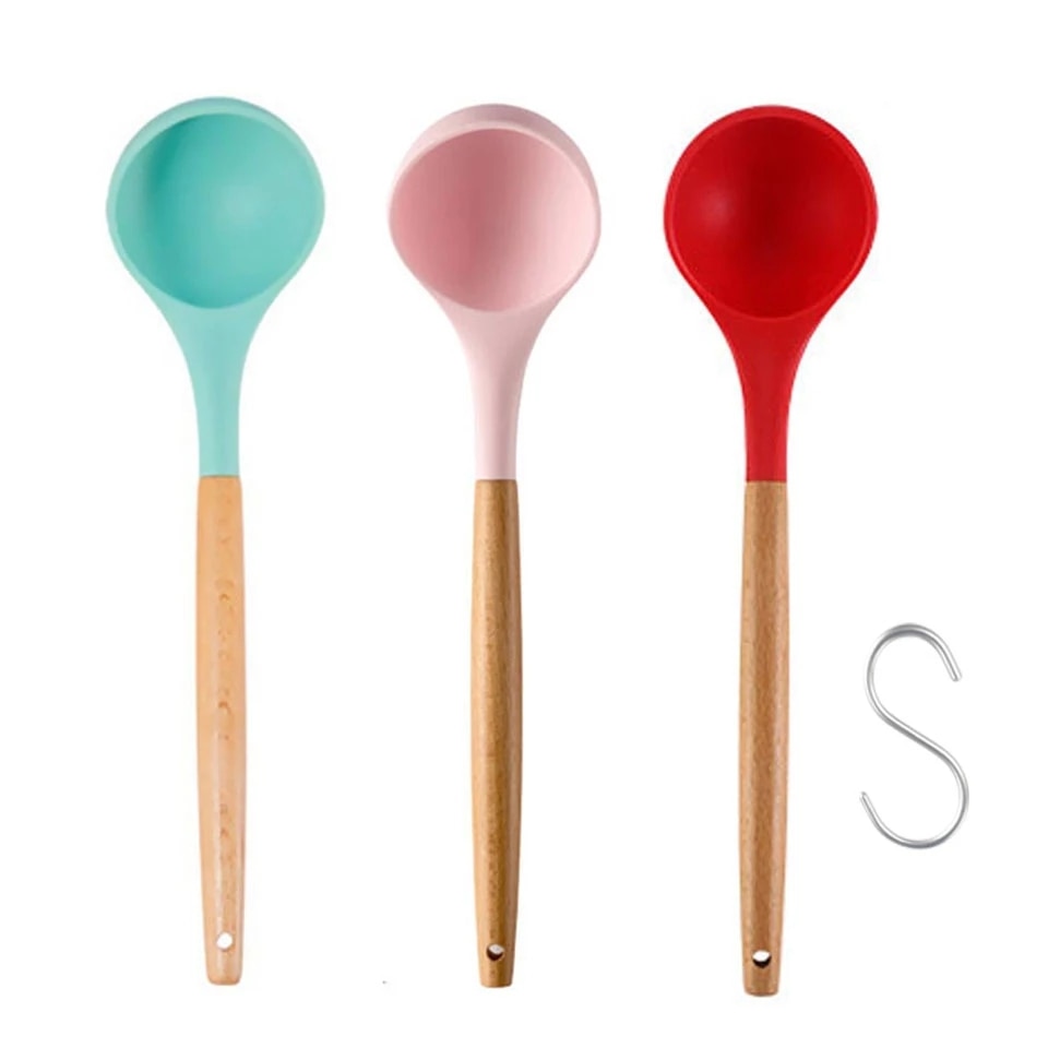 Silicone Kitchen Soup Spoon Cooking Spoons Wood Handle Spoon Kitchen Accessori