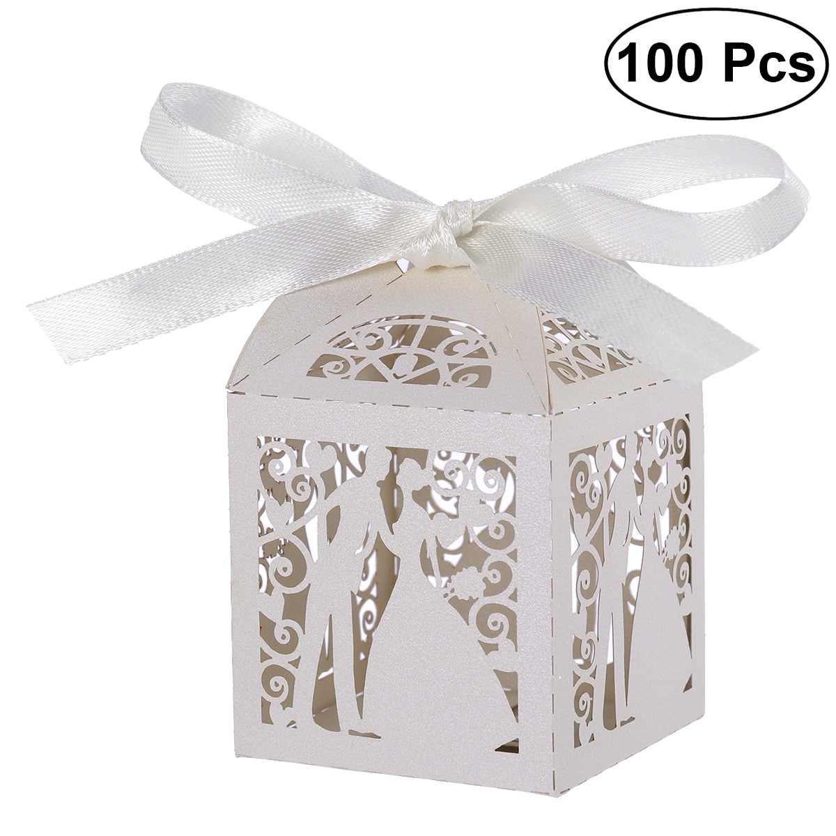 100 stuks Paar Luxe Lase Gesneden Bruiloft Sweets Candy Gunst Dozen met Lint Tafeldecoraties A20