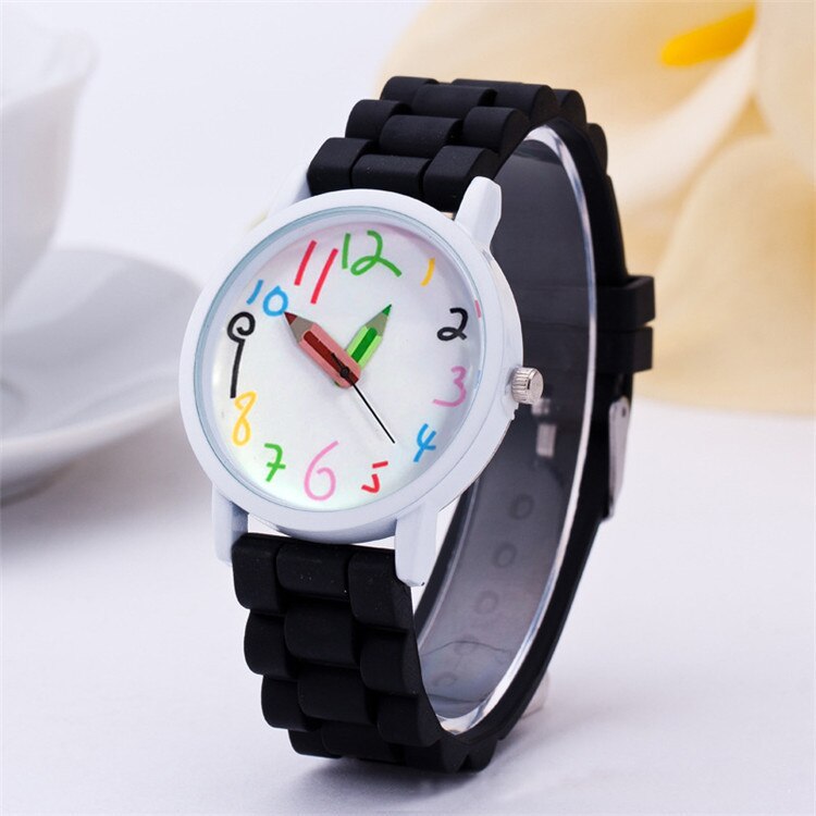 Mode Eenvoudige Mode Kinderen Kids Arabische Cijfers Potlood Analoge Weergave Quartz Horloge Voor: black