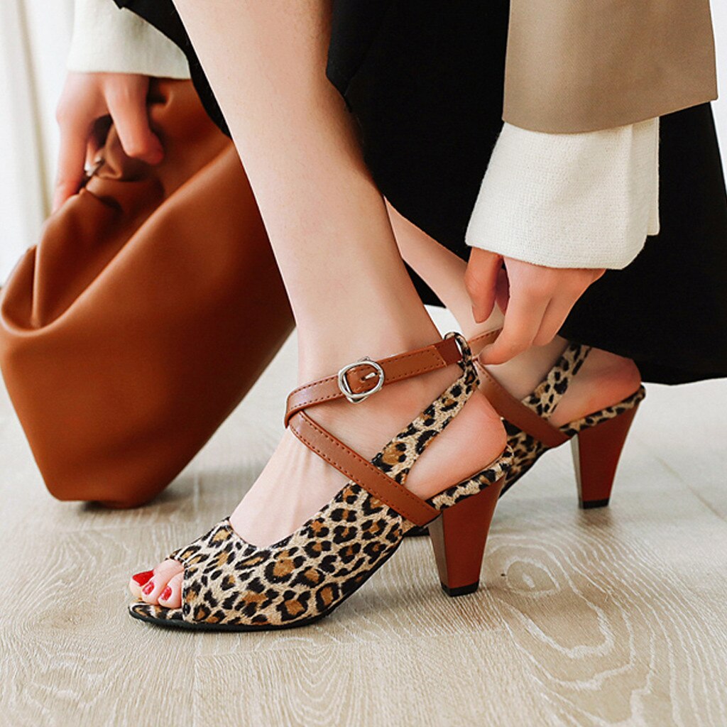 shoes woman Women Women's Open-Toe Ankle Buckle Strap Sandals Fish Mouth Leopard Shoes High Heeles shoes woman sandals 20