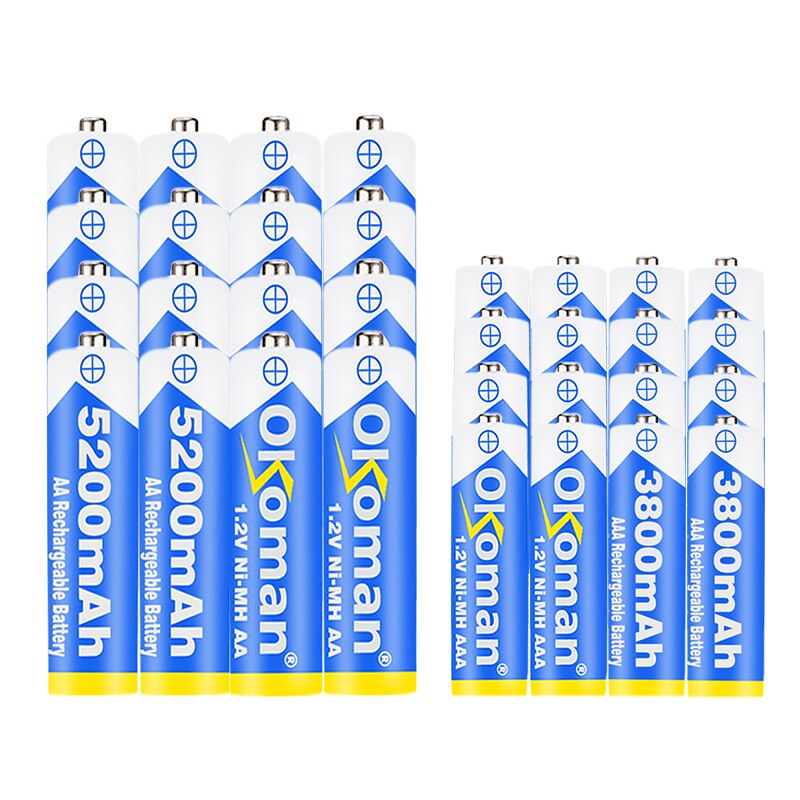 Okoman High capacity 5200mAh NI MH AA Rechargeable Batteries+AAA battery 3800 mAh Rechageable battery NI-MH 1.2 V AAA battery