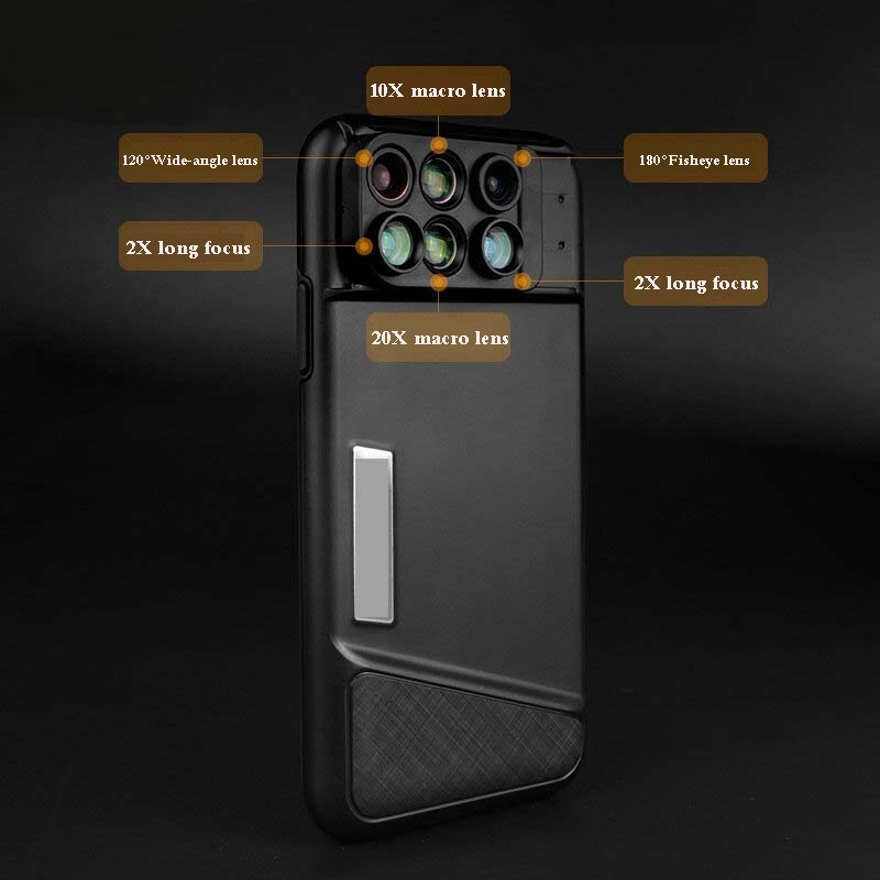 For iPhone XS Max Dual Camera Lens 6 in 1 Fisheye Wide Angle Macro Lens For iPhone XS XR Xs Max Telescope Zoom Lenses + Case