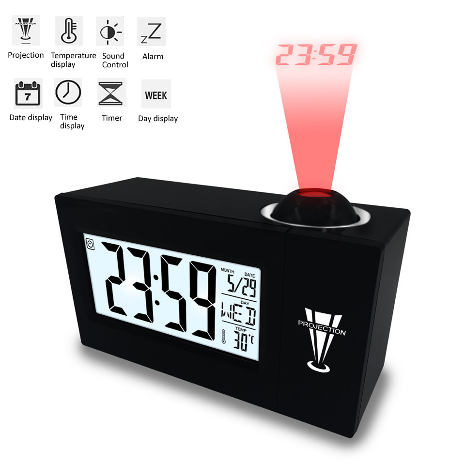 LED Digital Projection Alarm Clock Temperature Thermometer Desk Time Date Display Projector Calendar USB Powered Table Led Clock