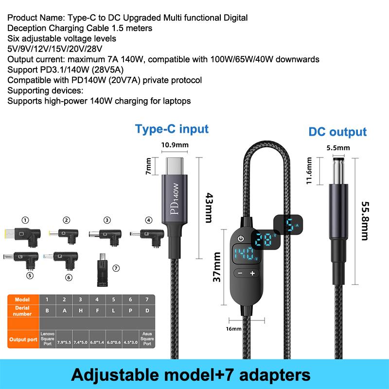 USB C Naar DC Power Boost Kabel Verstelbare Spanning Adapter Connector Cord Voor Laptop Router PD140W/5 V/9 V/12 V/15 V/20 V/28 V: Bruin