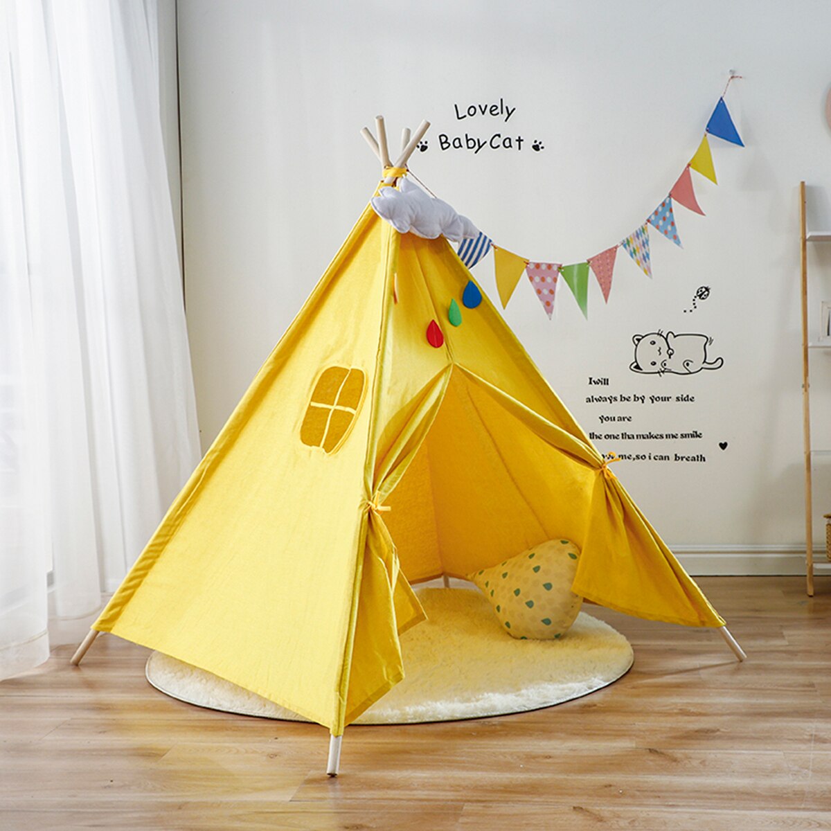 11 Style Larger Folding Indoor Baby Game House India Triangle Tent Princess castle Canvas Original Teepee Kids Teepee NO MAT: Yellow / 1.3m