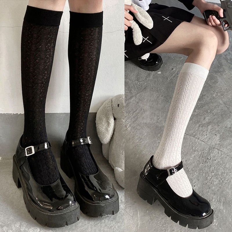 Calze per studenti delle scuole superiori stile giapponese Calzini lunghi Solido Nero Bianco Calzini estivi da donna sottili Costumi JK Calzini alti al ginocchio per ragazze
