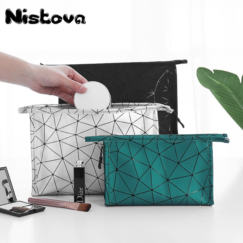 Neceser de PU con entramado de diamantes, organizador de viaje resistente al agua para mujer, estuche de útiles de maquillaje para damas, estuche de maquillaje