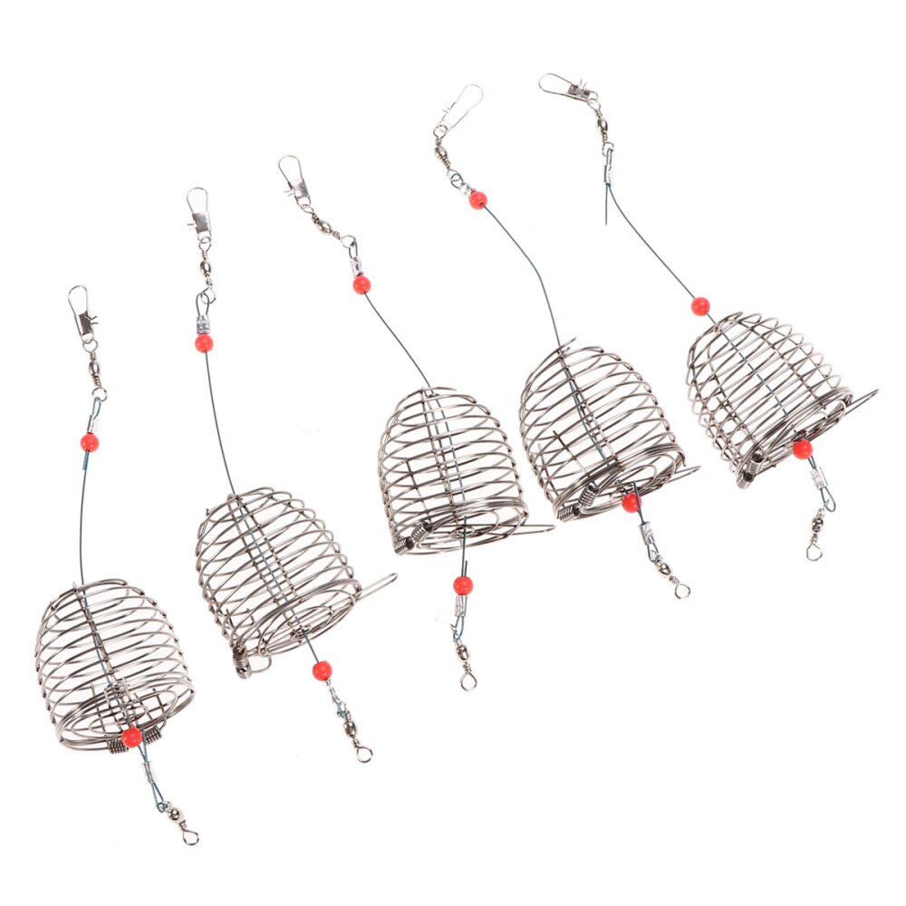 5 PCS Stainless Steel Fishing Bait Cage Lure Cage Bait Fishing Trap Basket Feeder Holder Fishing Tackle - Size L: Red 2