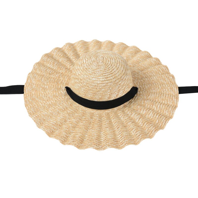 Uspop store bølgerige stråhatte kvinder snørebånd strandhatte langt bånd naturlige hvede stråhatte: Sort
