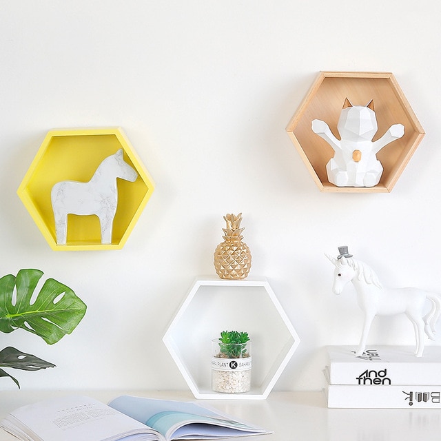 Estantes de pared hexagonales, estante de almacenamiento de madera decorativo, estantes flotantes, decoración para la habitación, estante geométrico