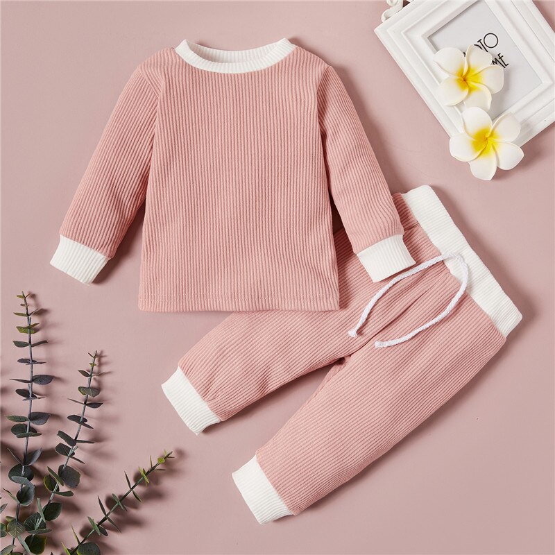 Patpat novo outono e inverno retalhos bebê menina doce do bebê conjuntos bloco de cor do bebê roupas para casa: Rosa / 6-9 Months