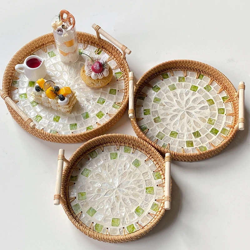 Bandejas para servir comida, bandeja para aperitivos, té de la tarde, platos para postre, ratán, fruta, plato seco, plato para dulces, pastel, hogar