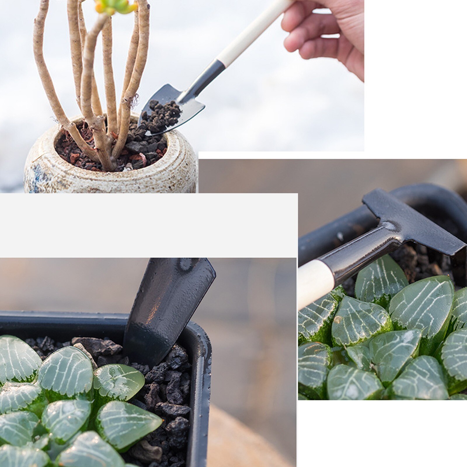 Wooden Handle Gardening Tools Portable Gardening Tool Metal Garden Soil Gardening Tools Shovel Spade Rake 3-Piece Set Mini