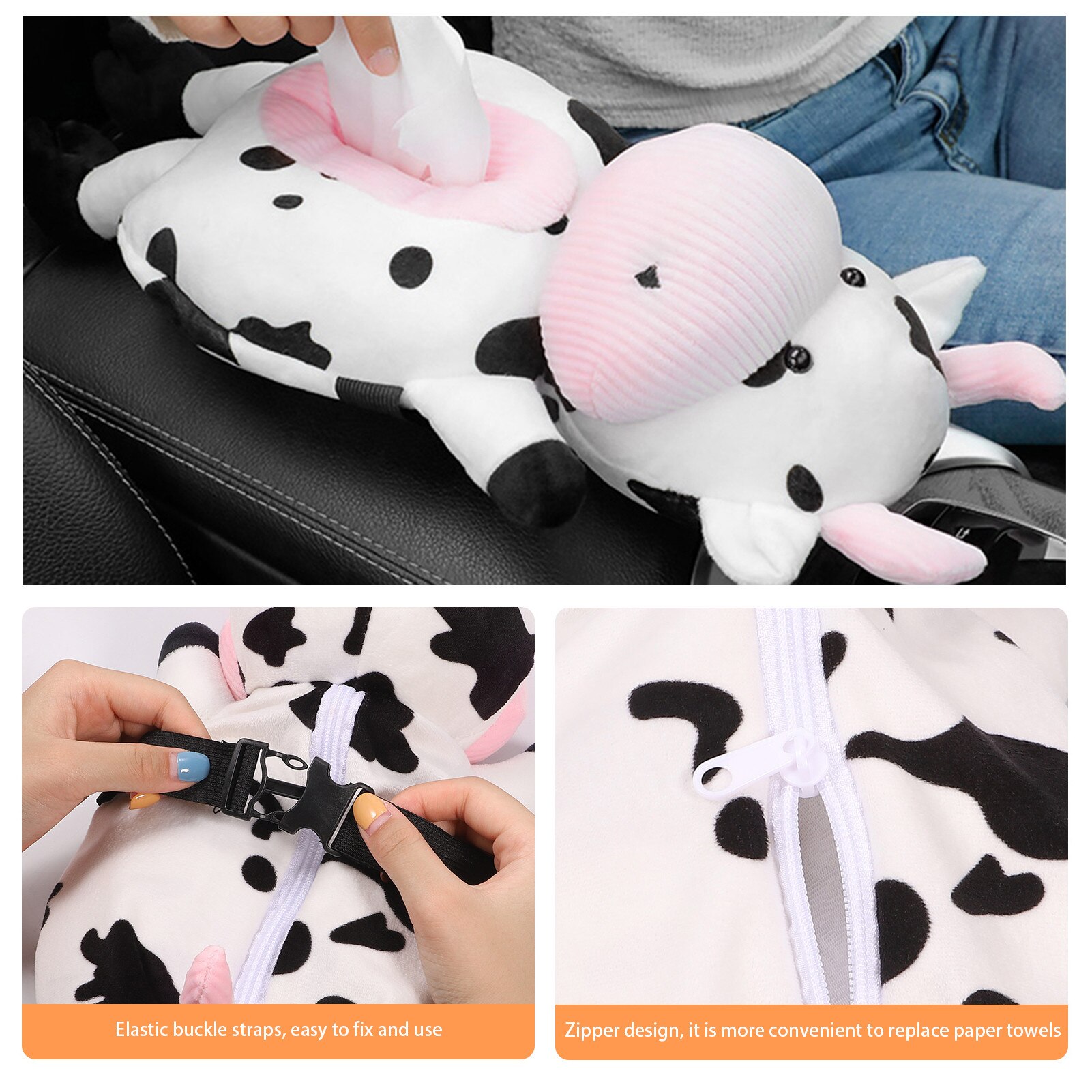 Creatieve Leuke Auto Tissue Box Zachte Cartoon Koe Papieren Servet Case Autostoel Terug Opknoping Tissue Doos Auto Interieur Auto accessoires