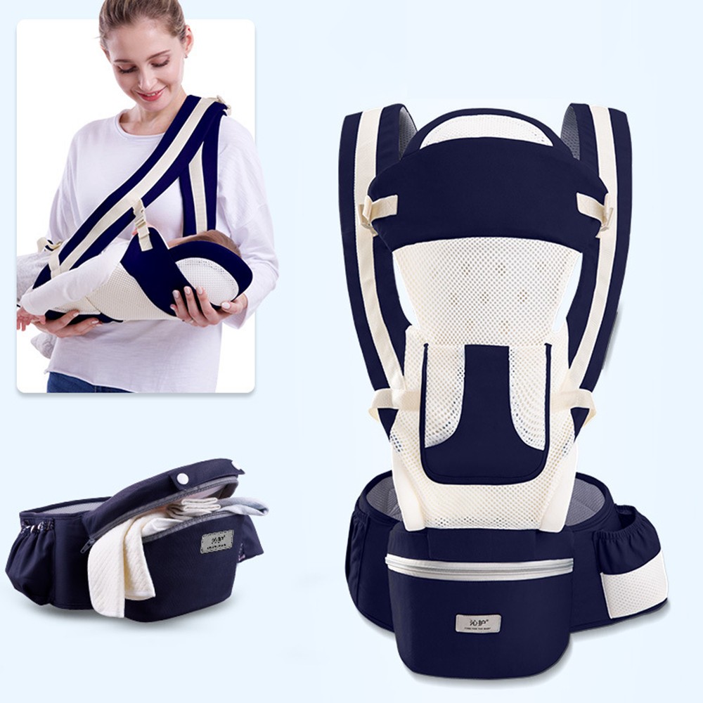 0-48 Month Ergonomic Baby Carrier Infant Baby Hipseat Carrier 3 In 1 Front Facing Ergonomic Kangaroo Baby Wrap Sling: Dark blue Breathab