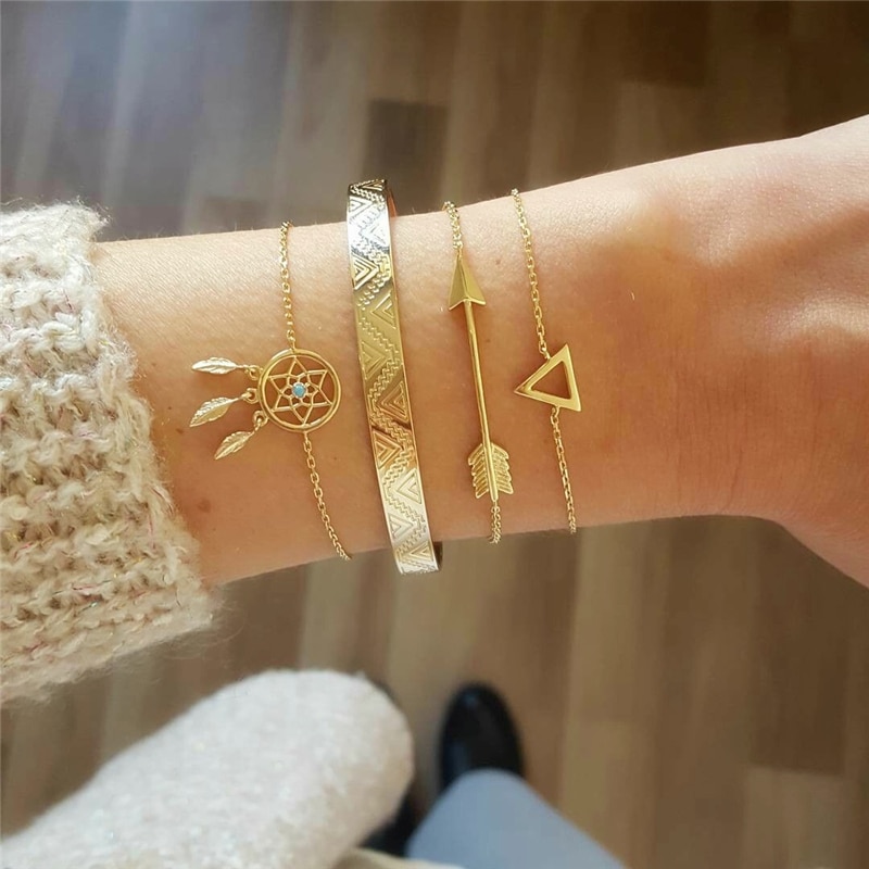 4 unids/set, triángulo flecha sueño Catcher pulsera para las mujeres de Simple abrir brazaletes de pulseras de joyería al por mayor