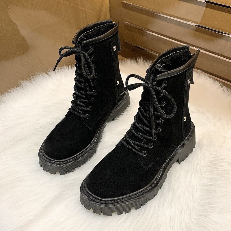Skinnstøvler kvinner vintersko plattform kvinner støvler varme solide korte plysjsko kvinne kryssbundet