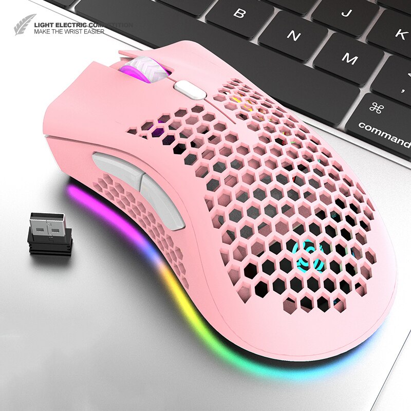 BM600 2.4GHz Wireless Gaming Mouse USB Rechargeable 1600DPI Adjustable RGB Backlit Hollow Out Honeycomb Office Gamer Mice: pink