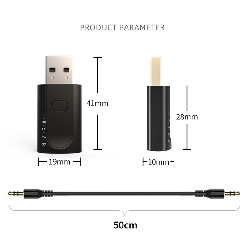 Adaptateur USB Bluetooth 5.1 4 en 1, adaptateur de voiture 3.5Mm AUX, sans pilote, adapté à Windows (Xp Vista 8 10 11)