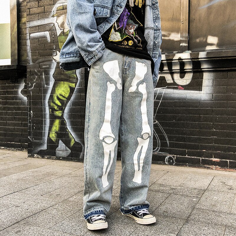 Männer Reflektierende Knochen aufbringen verlieren Beiläufige Breite Bein Jeans Männlichen Straße Hüfte hüpfen Punk gotisch Harem Denim Hosen Hosen