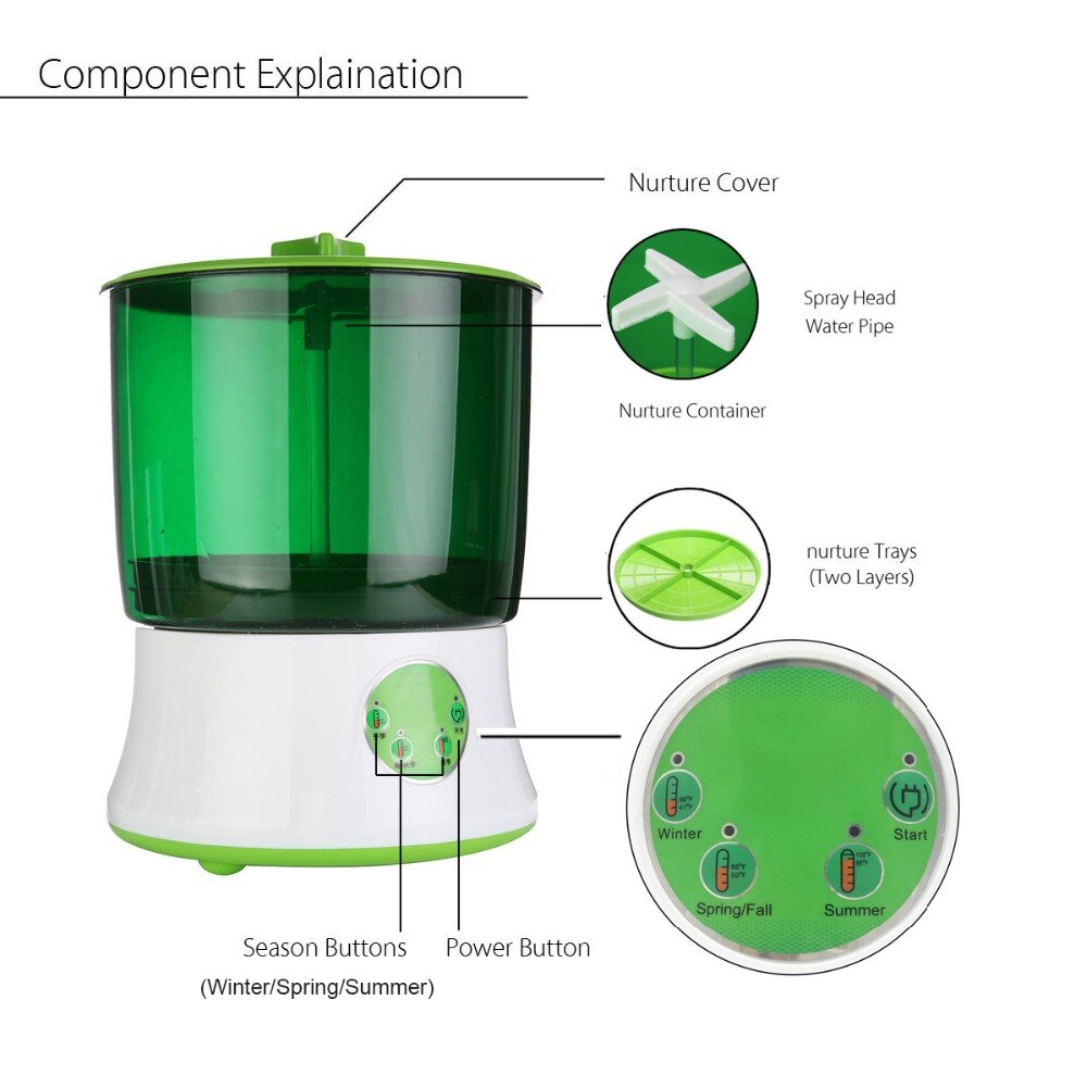 110V/220V Automatic Bean Sprouts Maker Thermostat Electric Germinator Green Seedling Sprout Growth Bucket Machine US EU