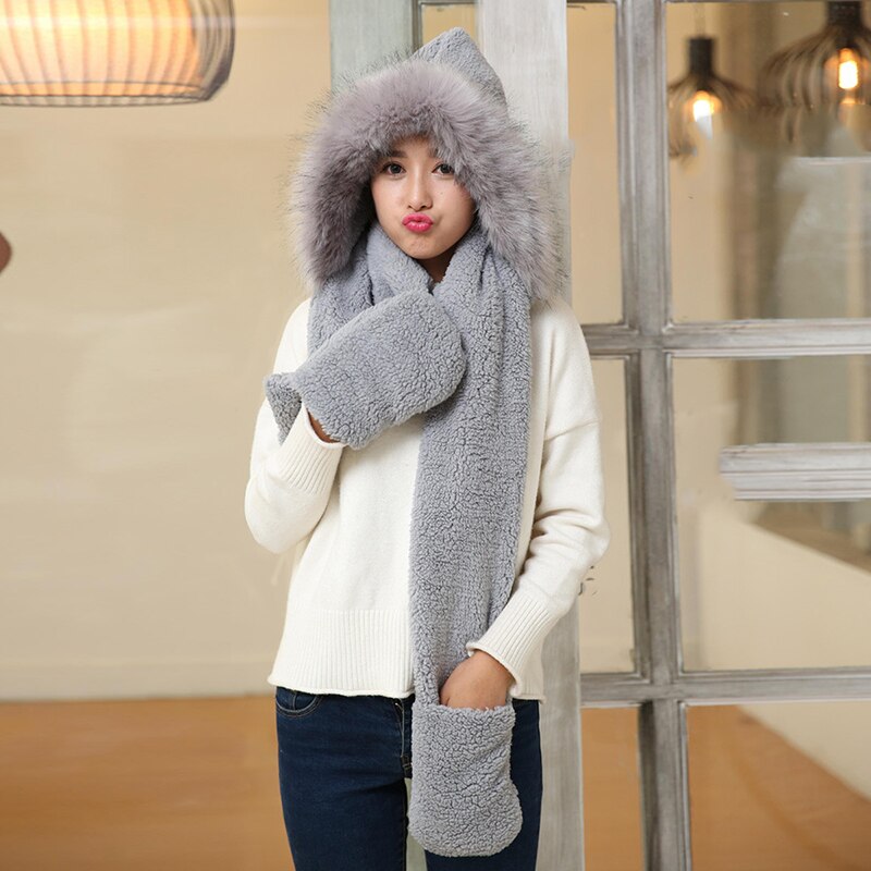 3 In 1 Women Winter Warm Soft Hood Scarf Snood Pocket Hats Gloves Hooded Srarves Scarf Hat Glove 3 Piece Sets: Gray