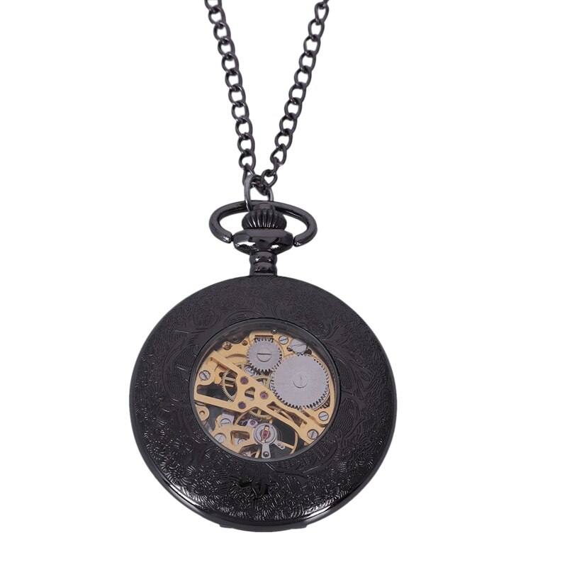 Retro Black Flower Hollow Mechanical Pocket Watch For Mens Steel Steampunk Unique Womens Mens Fob Chain Pocket Watches