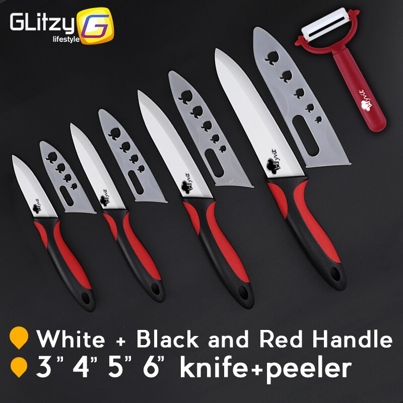Keramisk kniv zirconia kök kock grönsaker frukt kniv vitt blad 3 " 4 " 5 " 6 " tum + skalare matlagningsset mjukt halkskydd: Rött svart handtag