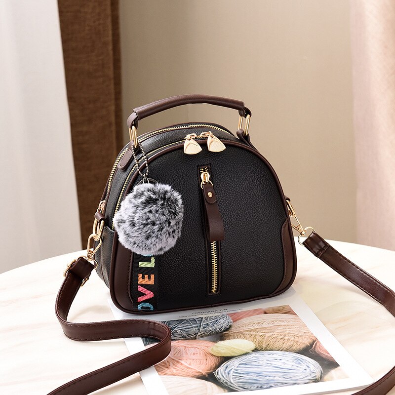 Solid Color Women Shell Bag Portable Shoulder Bag PU Leather Female Bag With Gray Hair Ball