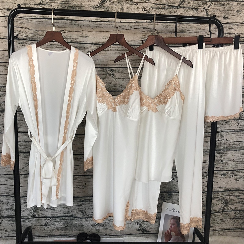 Kvinder satin nattøj 5 stykker pyjamas sexet blonde pyjamas sove lounge pyjamas silke nat hjemmetøj pyjamas jakkesæt