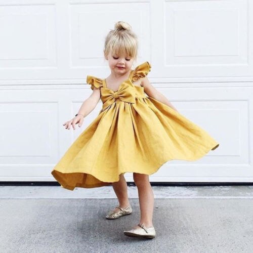 2 färger enfärgad gul rosa söt volanger klänning bebis flicka kläder nyfödda barn ärmlösa pilbågar sommar princess klänningar outfits