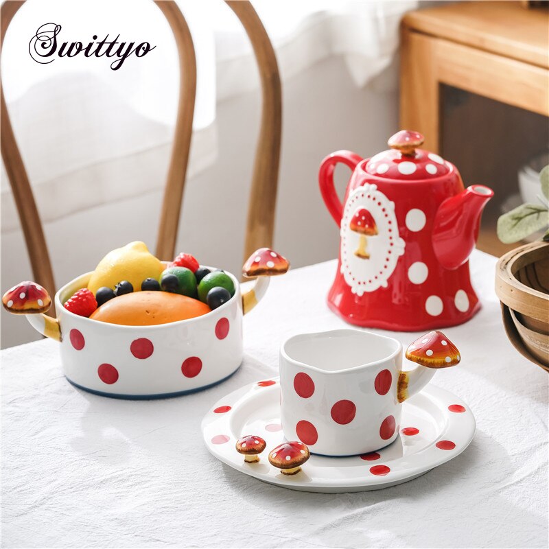 Cute Cartoon Mushroom Coffee Mug Plate Saucer Set Ceramic Breakfast Bowl Cup Hand-painted Dessert Plates Christmas