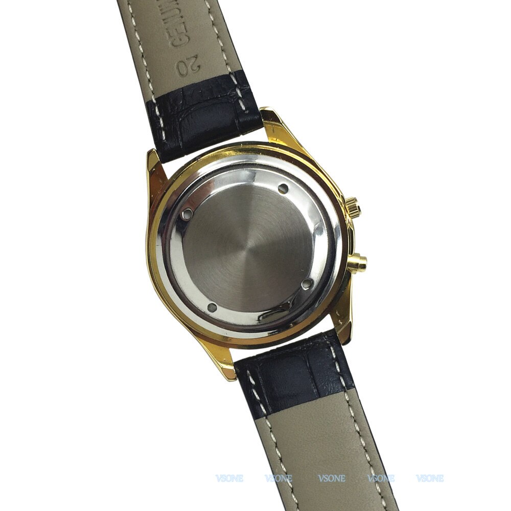 Spaanssprekend horloge met alarmfunctie, spreektijd, witte wijzerplaat, zwarte leren band, gouden kast  b4-g207w- ts