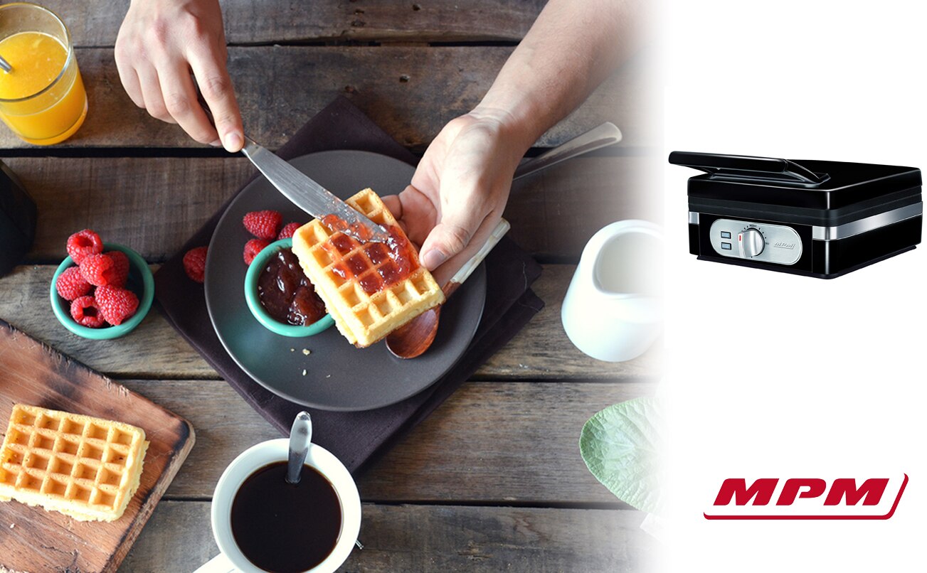 MPM MGO-24 gaufrier électrique, 2 épaisses, antiadhésif, régulateur de température, en acier inoxydable. 1400W Noir