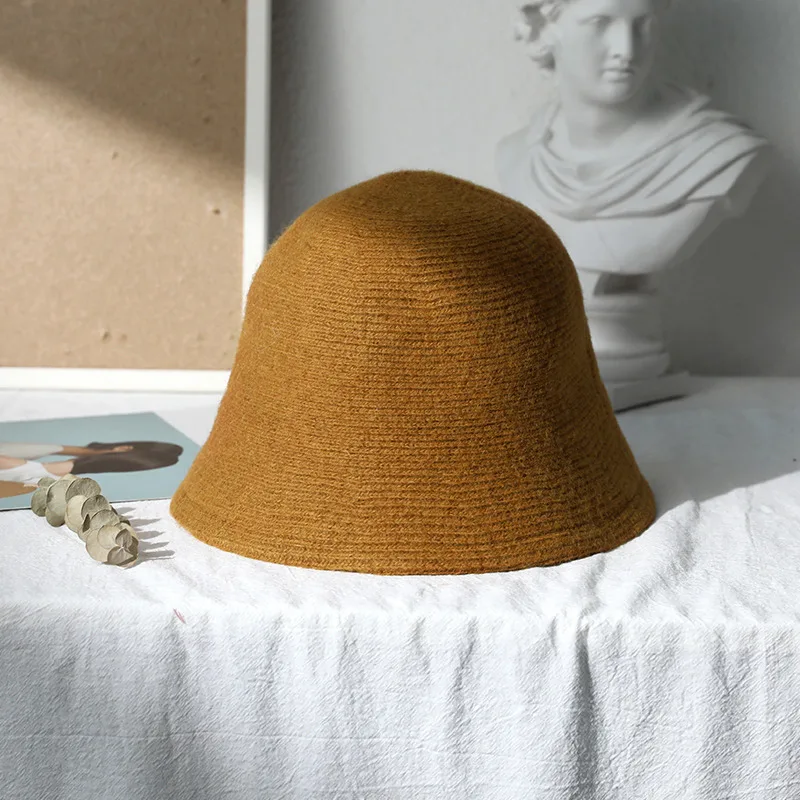 Solid Wool Bucket Hat Women Autumn Winter Fisherman Hat Vintage Knitting Wool Basin Cap: green