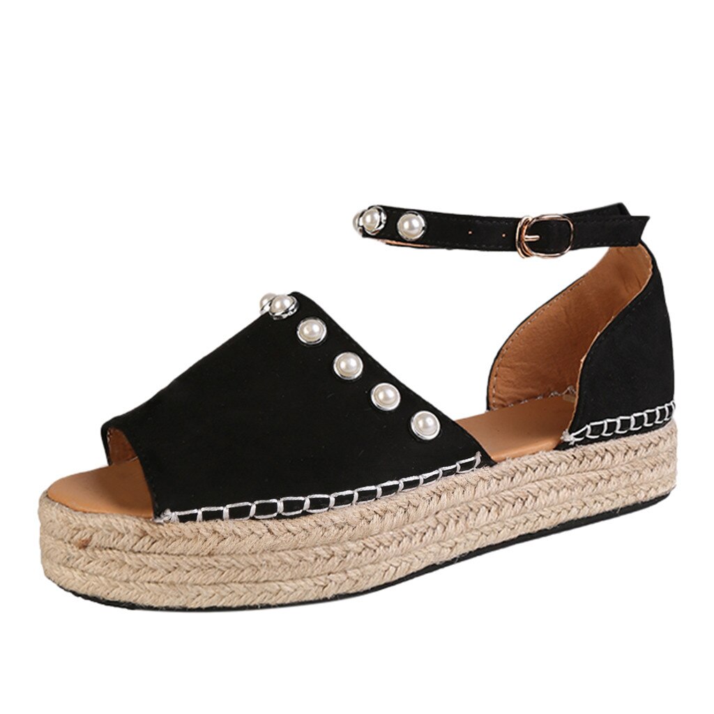 Womail Leopard Print Wedges Sandals Roman Shoes Ladies Pearl Open Toe Sandals With Ankle Strap Summer Sandals Women: BK / 35