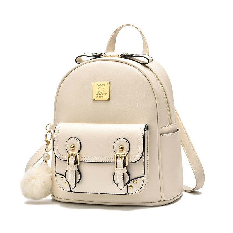 Color Block PU Backpack for Women | Stylish Daypack with Pompom Charm & Multiple Compartments: Blue
