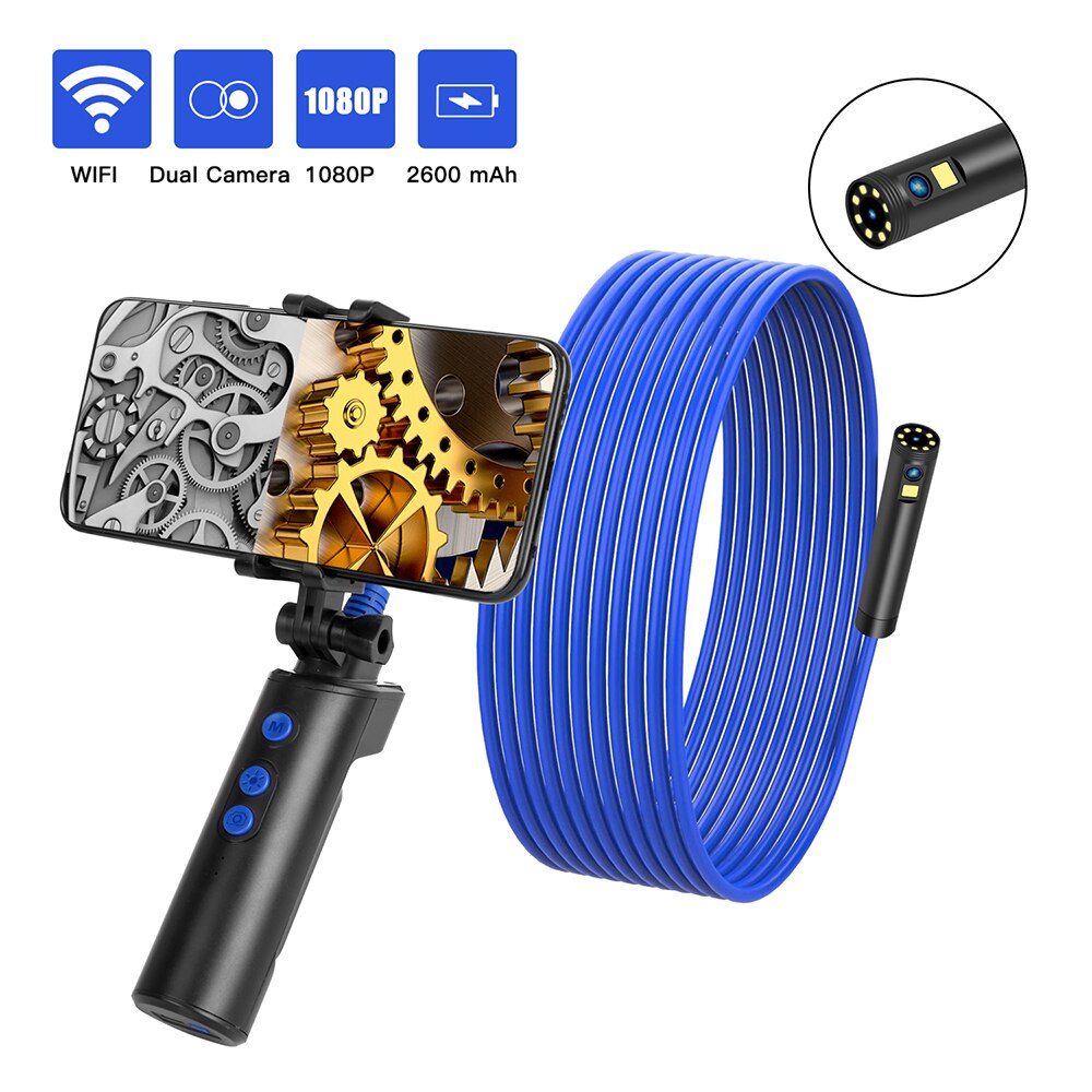 Connected Industrial Endoscopy Borescope Inspection Double Camera Built-in 9pcs 5 Levels Dimmable Adjustable Brightness LEDs: Blue / 5M