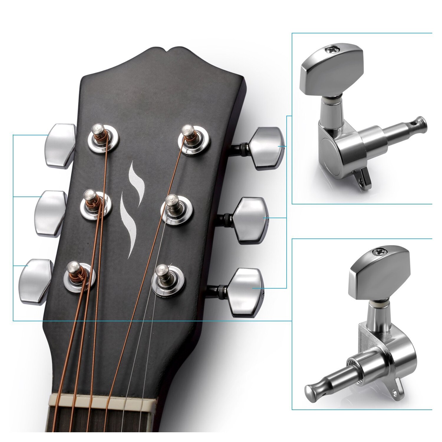 6 stuks Sliver Akoestische Gitaar Stemmechanieken Knoppen Guitar String Tuning Peg Tuner (3 voor Links + 3 voor rechts)