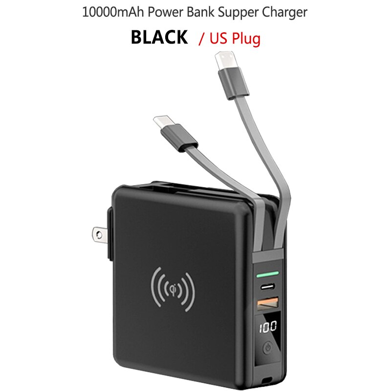 10000mah banco de potência portátil USB-C pd carga rápida 3.0 4.0 super carga plug 15w carregador sem fio para iphone xiaomi carregador rápido: US Plug Black